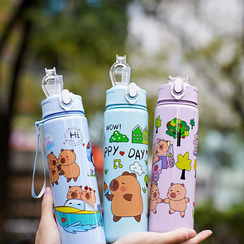 Бутылка для воды Capibara объемом 750 мл, герметичная, симпатичная, с трубочкой и ремнем для переноски, для кемпинга, спорта и фитнеса на открытом воздухе, без BPA