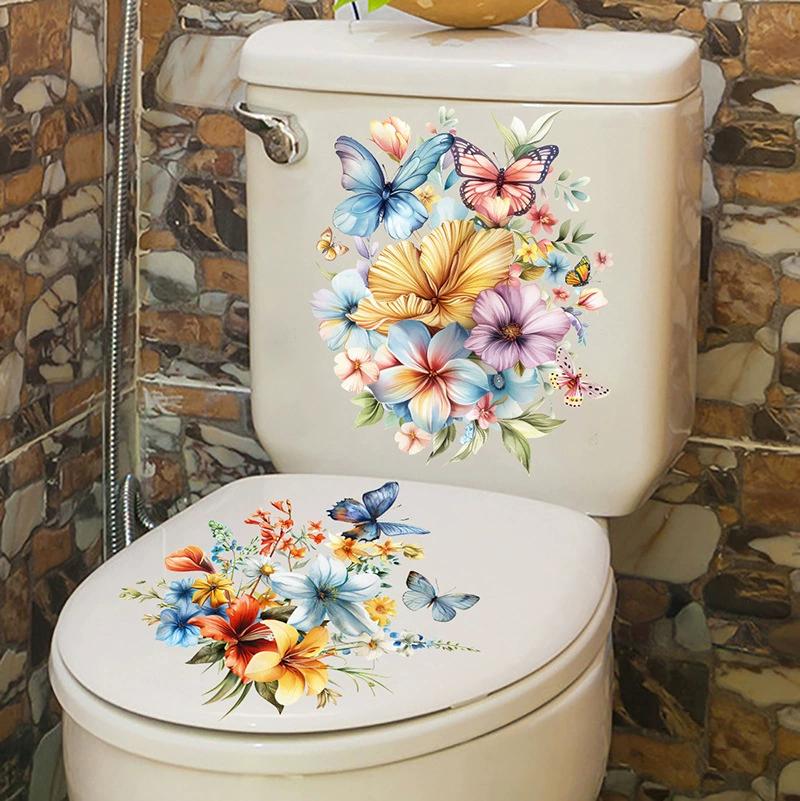 1pc Beautiful Lotus Butterfly Toilet Sticker Bathroom Toilet Cover Decorative Sticker Waterproof Self Adhesive