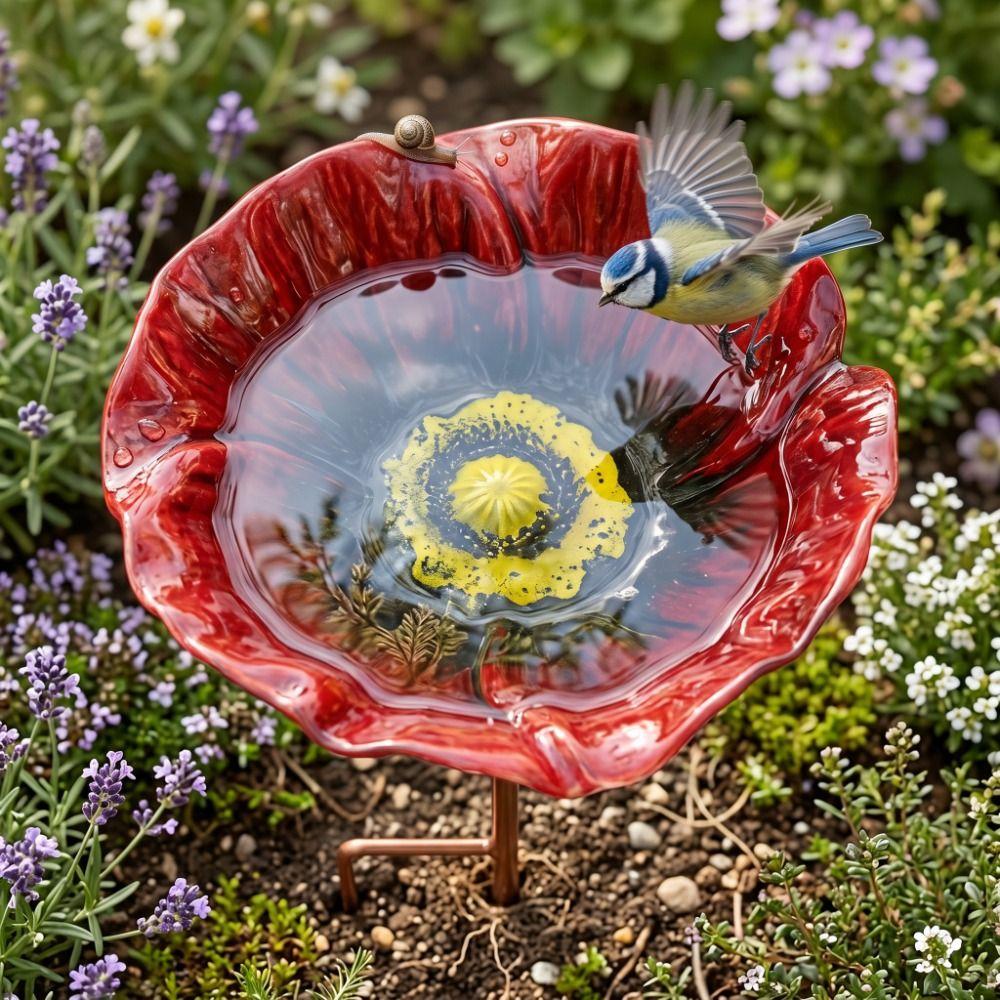 Flower Shaped Bird Bath Stand Metal Garden Insect Birdbath Bee Butterfly Watering Station Yard
