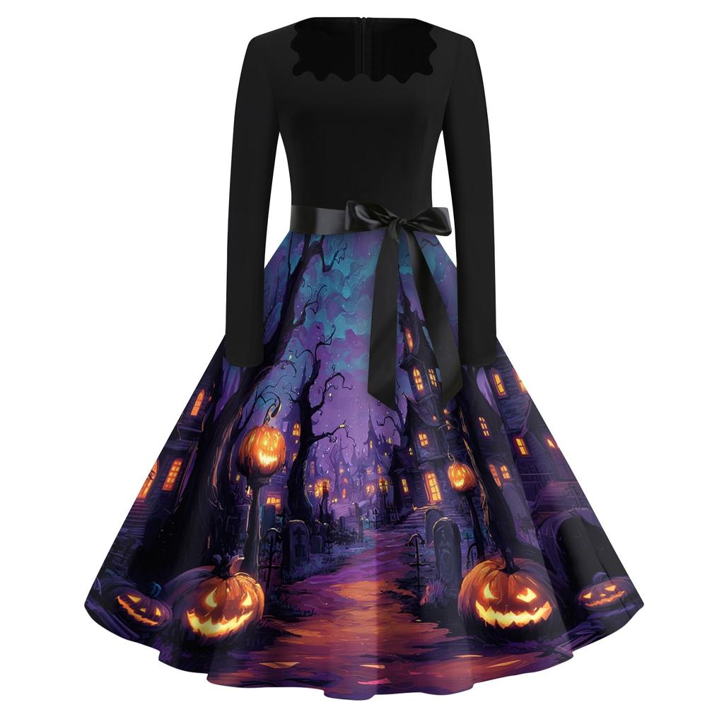 Women Casual Halloween Dress Long Sleeve Square Neck Vintage Style Fit Flare Dress with Spider Web Print and Waist Tie Belt