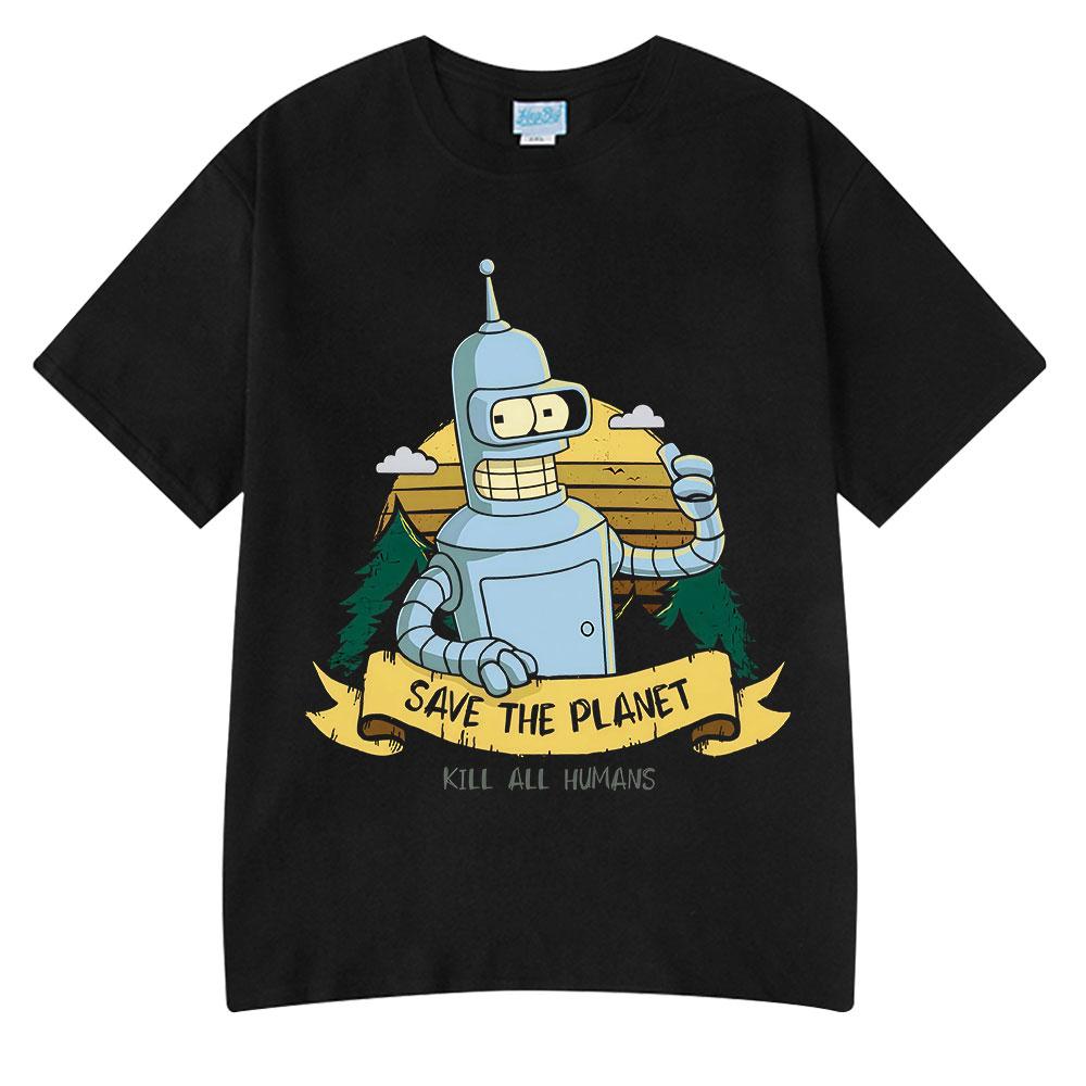 cotton t-shirt Funny Save The Planet Kill All Humans Robot Graphic Print T Shirt Men's Women Fashion Short Sleeve T-shirt Oversized Cotton Tees