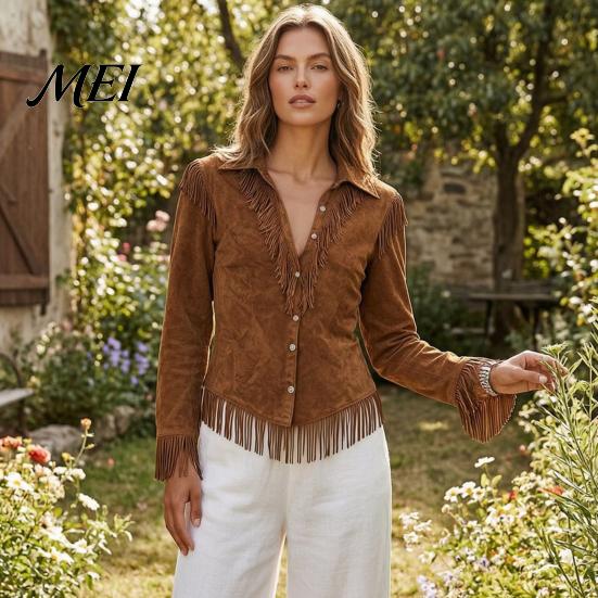 Long Sleeve Blouses Women Tassel Shirt for Autumn, Button Down Slim Fit Fringe Casual Tops Blouse, Solid Color Top, Western Cowgirl Outfit Blouse
