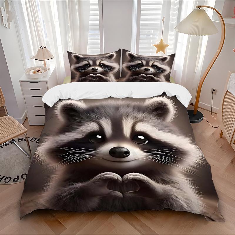 3pcs Raccoon with 1 Comforter and 2 Pillowcases (No Core) - Cute Animal for Bedroom, Festival Gift, Polyester Fabric, Anime Design, Suitable for Livin