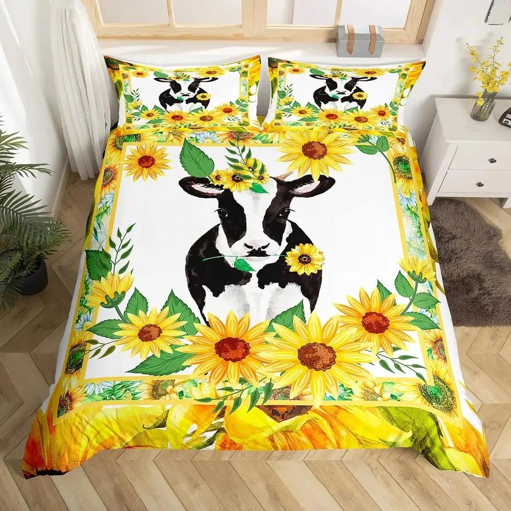 Коровы Комплект пододеяльника Двуспальный размер Принт молочной коровы Пододеяльник Тема фермерских животных Постельный комплект Декор комнаты, Клетчатый пододеяльник