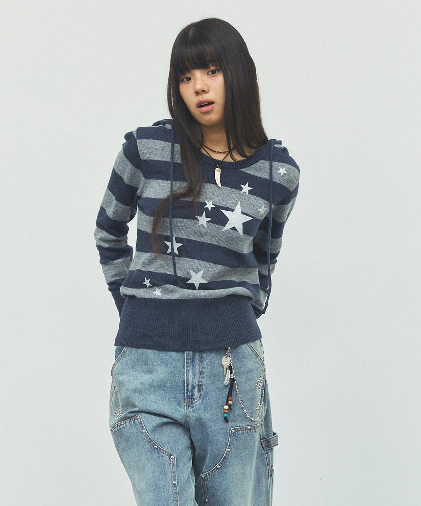 CAVISH W U Neck Striped Star Knit Hoodie Navy(Cv2Fffk601A)
