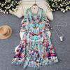 Spring Summer Bohemain Long Dress Women's V-Neck Flare Sleeve Floral Print Single Breasted High Waist A-Line Chiffon Vestidos