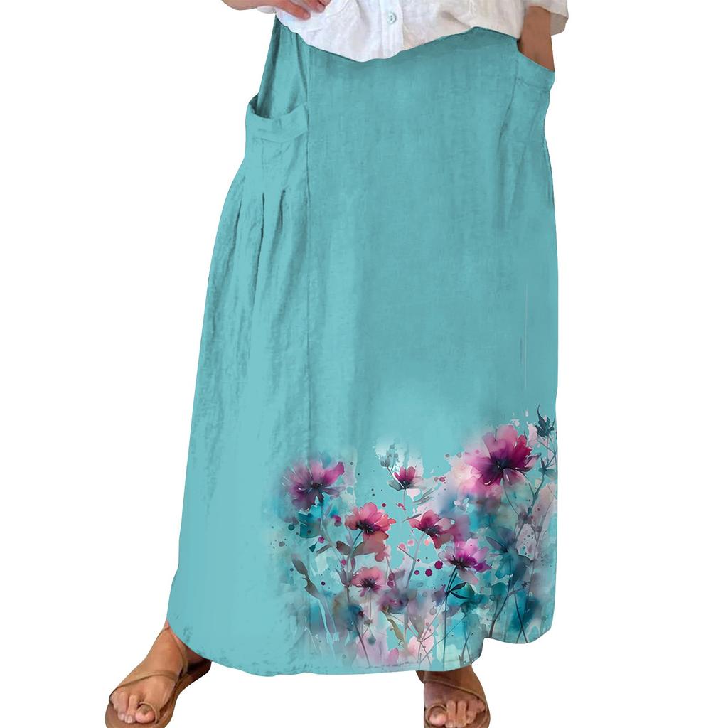 Women Casual Loose Boho Elastic Waist A-Line Beach Flowy Swing Vacation Maxi Skirt With Pocket