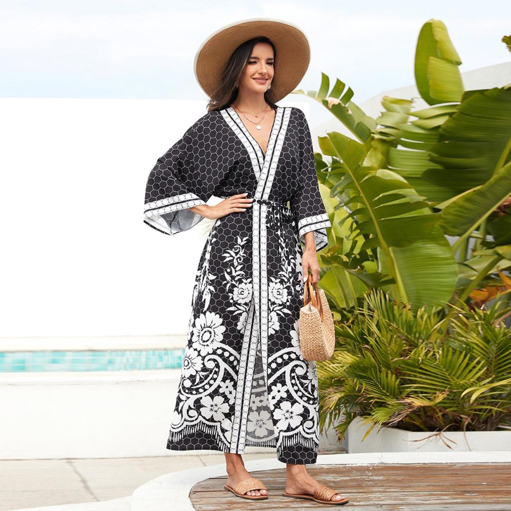 Cross-border European and  New Cardigan Kimono Bikini Sunscreen Plus Size Dress Swimsuit Outer Blouse 3898
