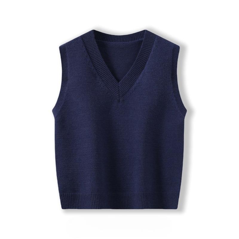Брендовая скидка Жилет-топ без рукавов женский вязаный из чистой шерсти темно-синего цвета с V-образным вырезом – Универсальная осенне-зимняя верхняя одежда