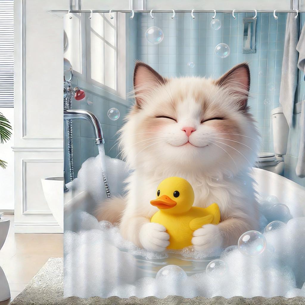 Милый 3D Мультяшный Пингвин Купается с Пузырями Водонепроницаемая Шторка для Душа - Веселый Декор для Ванной