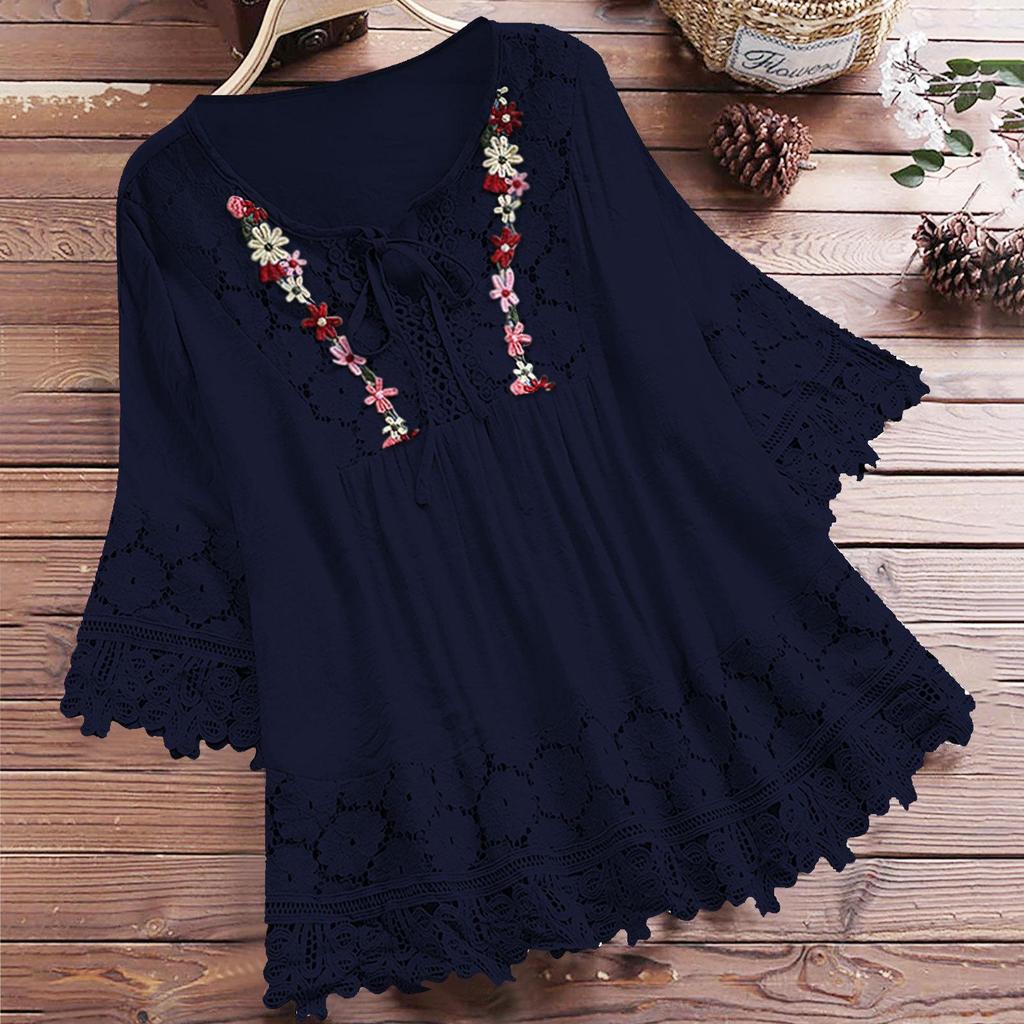 Women Lace Embroidery Flower Loose Plus Size Half Sleeve Shirt