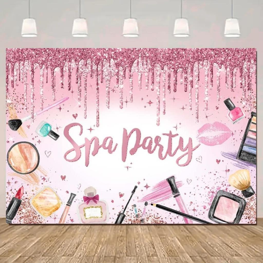 A polyester spa party background banner; universal decoration for princess makeup birthday parties; sweet background
