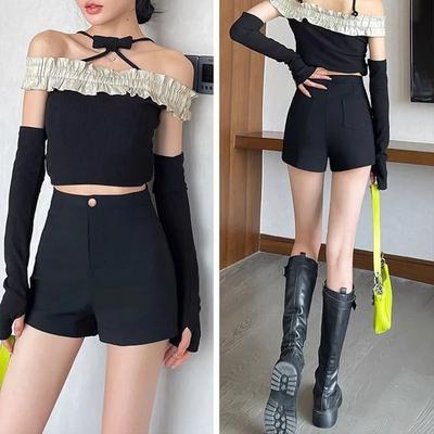 Четырехсезонные шорты Летние с высокой талией Приталенные А-силуэта Черные брюки Колготки Черный низ тела Отсутствует