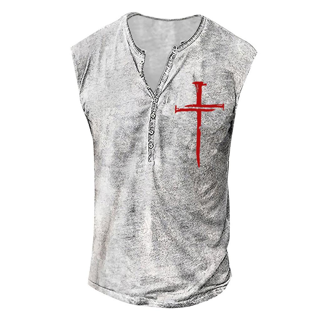 Мужская безрукавка в стиле Хенли, повседневная майка для мышц с планкой на пуговицах и принтом креста, летняя пляжная одежда