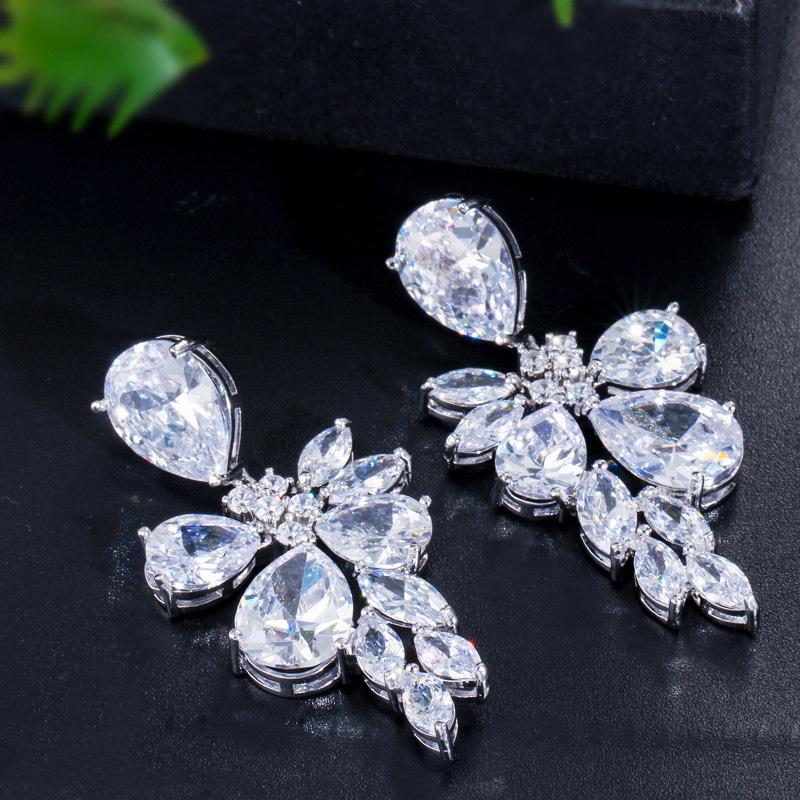 CMM Luxury Bridal Silver Color Jewelry Water Drop Cubic Zirconia Drop Earrings