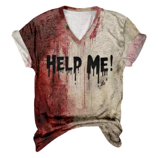 Женская футболка с V-образным вырезом и длинным рукавом, с принтом «кровавые буквы», свободный крой, пуловер на Хэллоуин, топы, праздничная одежда для вечеринок