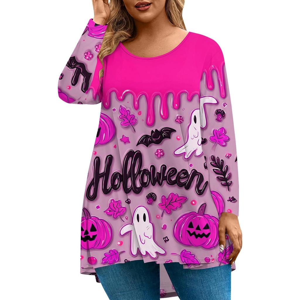 Женская мода Большой размер Круглый вырез Длинный рукав Повседневный Пуловер Топ с принтом на Хэллоуин Свободного кроя