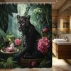 1 шт. Величественный Черный Леопард в Плетеной Корзине Шторка для Душа - Дизайн с Тропическими Растениями и Розовыми Цветами, Полиэстер, Ванная Комната