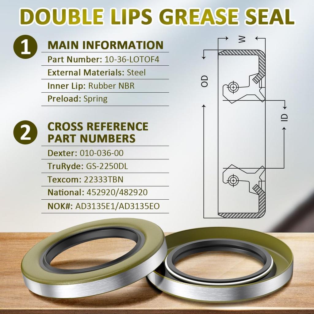 4 Pack 10-36-LOTOF4 Double Lip Grease Seal 2.25 x 3.376 for Dexter 010-036-00, TruRyde GS-2250DL, Texcom 22333TBN, National 452920, 482920, NOK