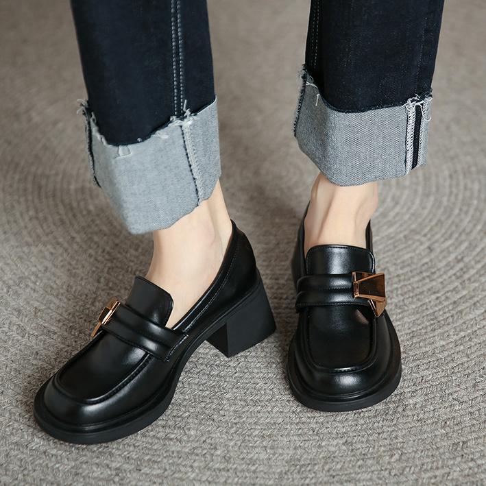 Square Heels Black Fashion Leather Casual Ladies Summer Footwear Loafers Shoes For Women Chic And Elegant Popular Trend Y2K