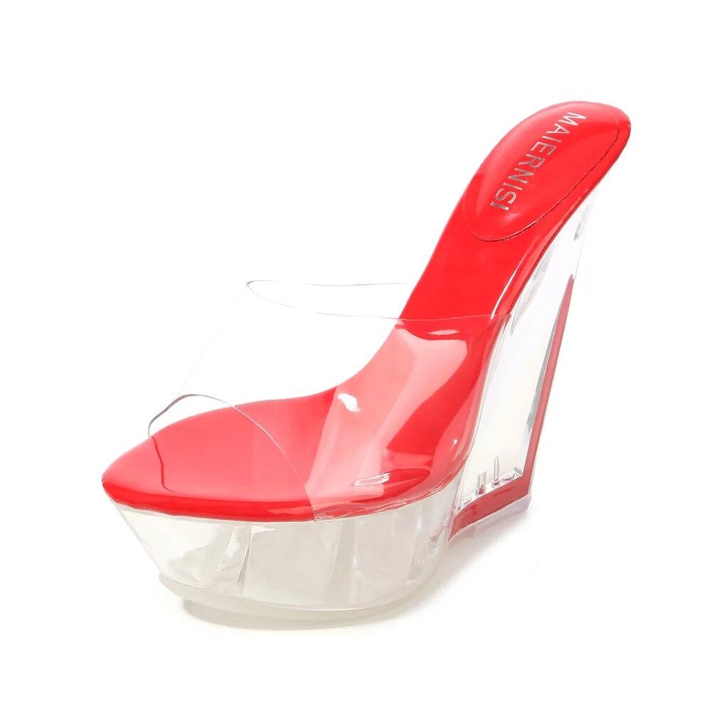 Sexy Ultra-high Heel Cool Slippers High Transparent Slope Crystal Waterproof Platform Sexy Open-toed Sandals WZ