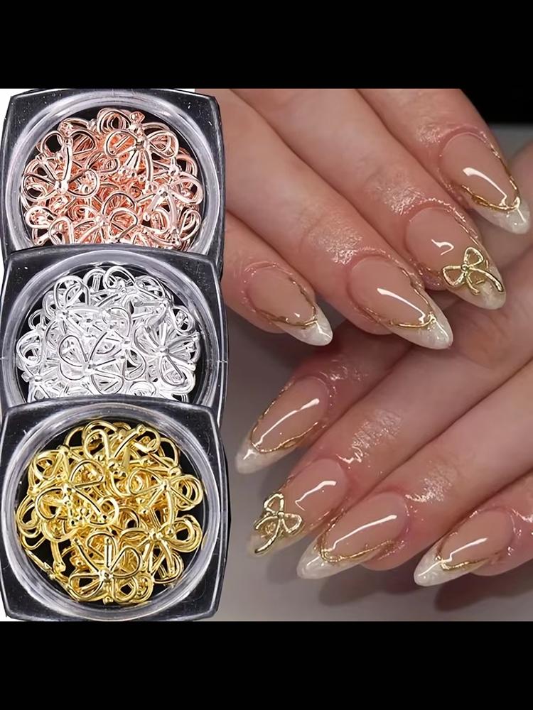 3 Bottle Boxed Nail Accessories Gold Silver Rose Gold Hollow Metal Bow Classic Bow Decoration Girls Square Bottle Metal Bow 2026