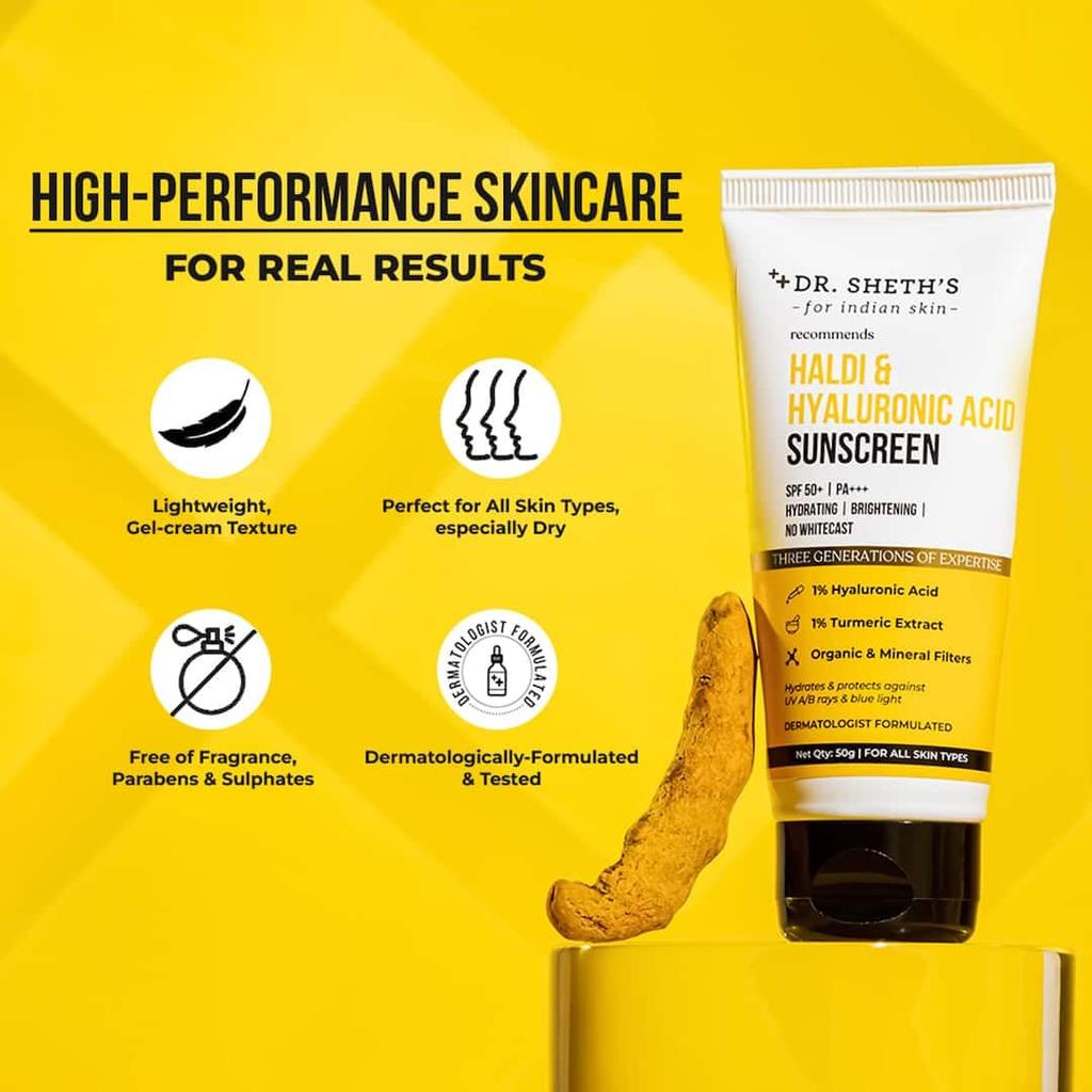 Доктор. Солнцезащитный крем для лица Sheth's Haldi & Hyaluronic Acid SPF 50+ Pa+++ Увлажняющий Осветляющий 50 г