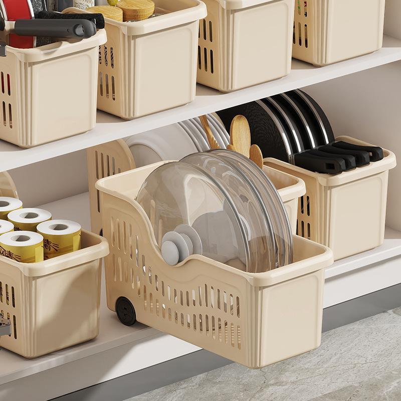 Kitchen Storage Baskets With Wheels Ventilated Holes BPA Free Plastic Organizer for Cabinet Pantry Food Vegetable Storage