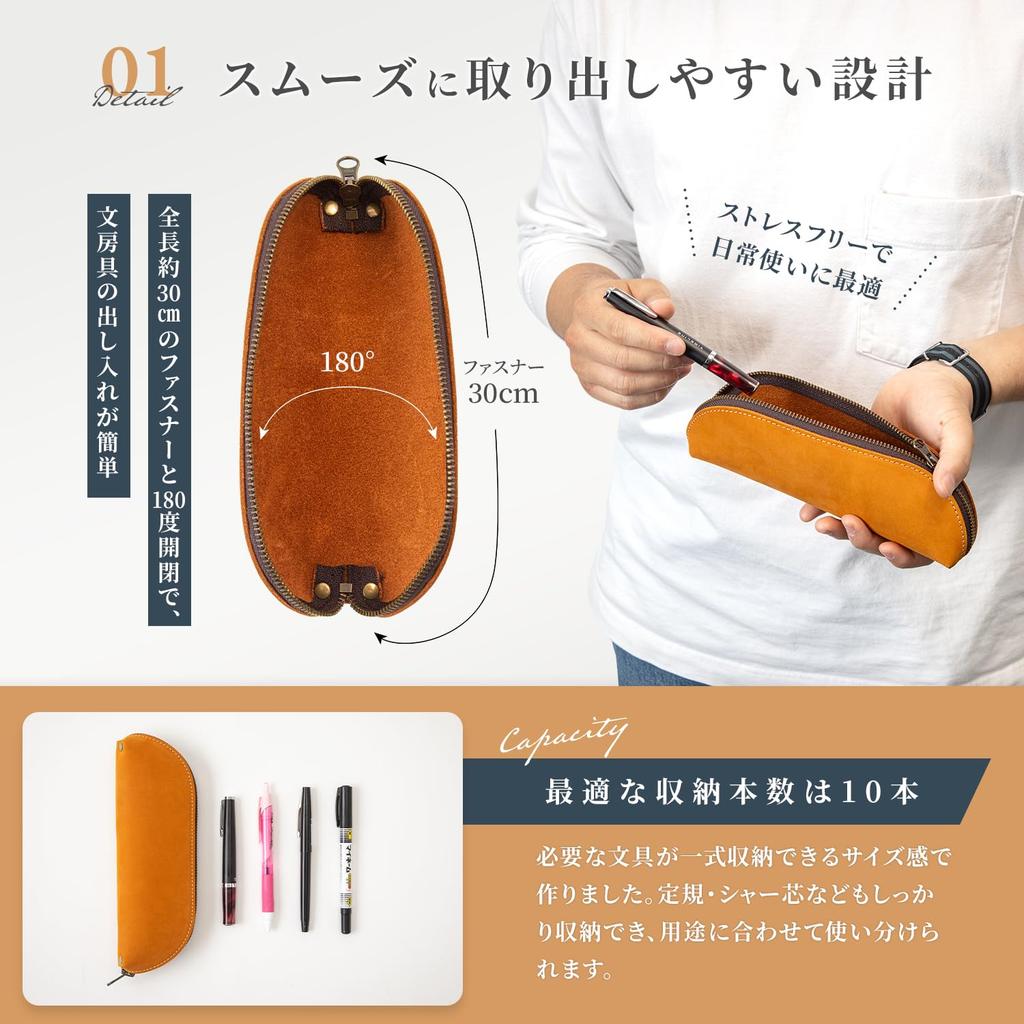 Bag Slim Leather Pencil Large Simple Design for Adults Case Made Only from the Top Surface of Cowhide Zipper Stylish Leather Pencil Case for Genuine