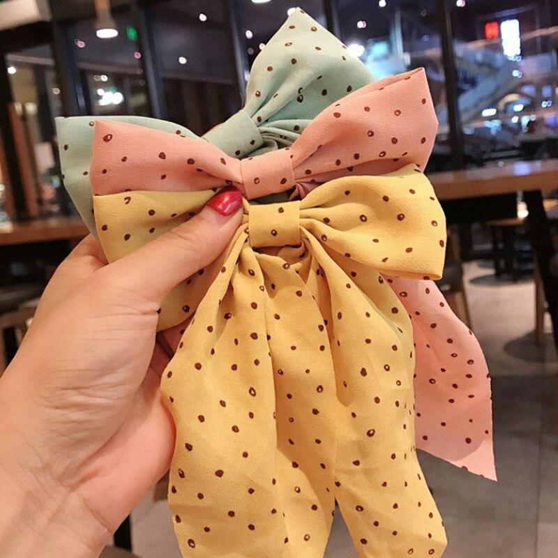 Модные заколки для волос в горошек с цветочным принтом и большим бантом для женщин, корейские элегантные заколки для волос с хвостиком, аксессуары для волос для девочек, заколка, подарок, оптовая продажа