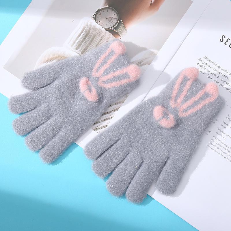 Перчатки для женщин на зиму, вязаные, с милым мультяшным кроликом, утолщенные, теплые, шерстяные, с сенсорным экраном, для студентов, для письма и езды, для защиты от холодных волн