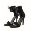 Fashion Heeled Sandals Low-Heeled Shoes With Strap Tassel Open Toe 2024 Women's Large Size Black Low-heeled Fashion Fringe Peep