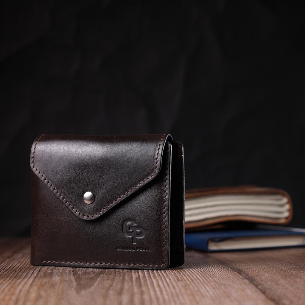 Мужской кошелек с монетницей из глянцевой натуральной кожи GRANDE PELLE Wallet 16807 Коричневый