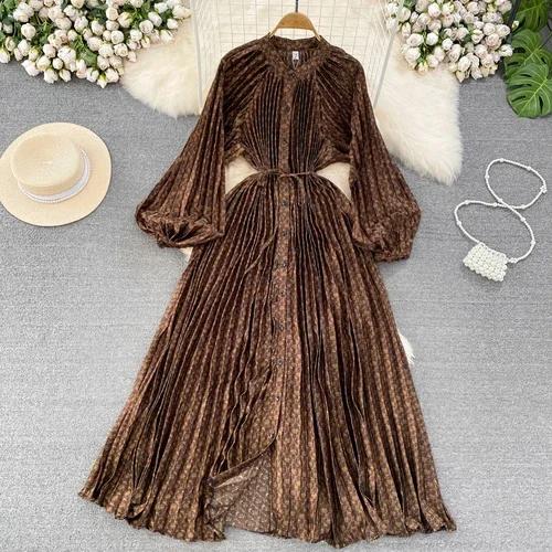 Платья Temperament Lantern Длинные рукава Круглый вырез Тонкий однобортный принтованное платье Элегантные винтажные шикарные женские платья