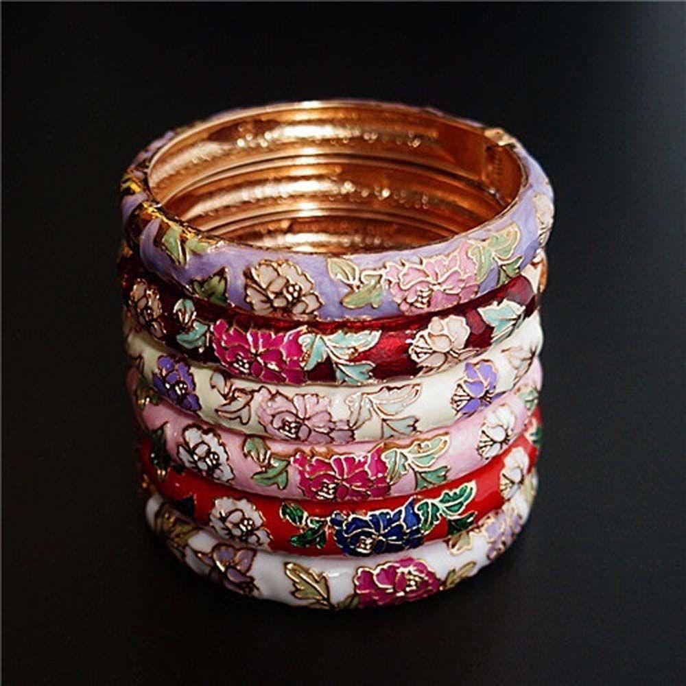 Traditional Vintage Peony Cloisonne Filigree Handicraft Enamel Jewelry Bangles Bracelet Accessories