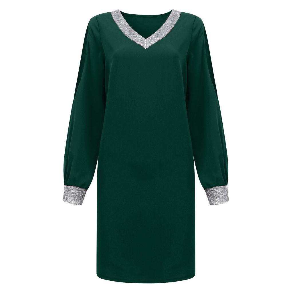 Женское однотонное повседневное платье с v-образным вырезом и рукавами с блестками и открытыми плечами
