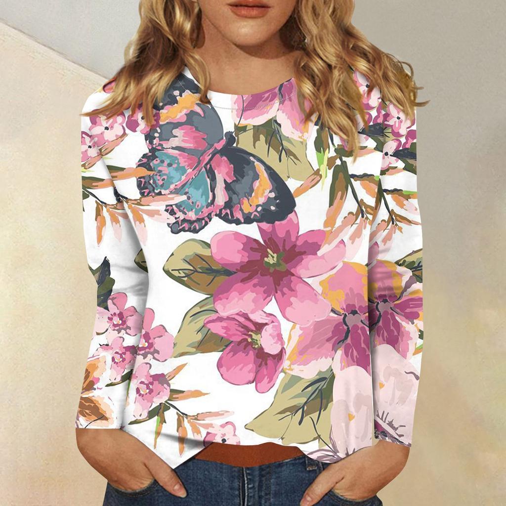 Женская модная повседневная футболка с круглым вырезом и длинным рукавом с принтом, топ