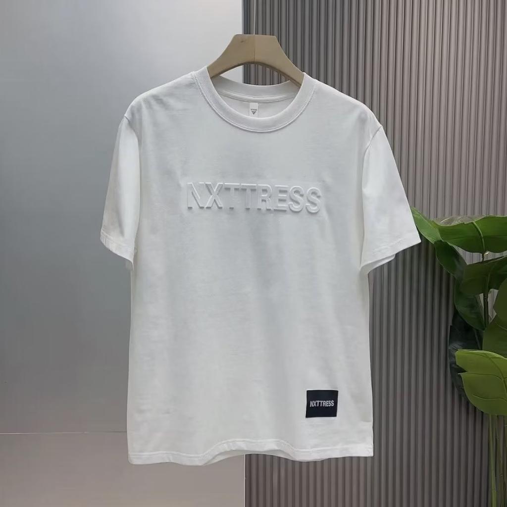 Европейская 3D хлопковая футболка с объемными буквами, короткий рукав, фактурная, мужская, стильный свободный топ, базовая футболка, тренд стальной штамп, половина