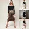 Women Midi Skirt Elastic High Waist Mid-calf Length Skirt Solid Color Glossy Velvet