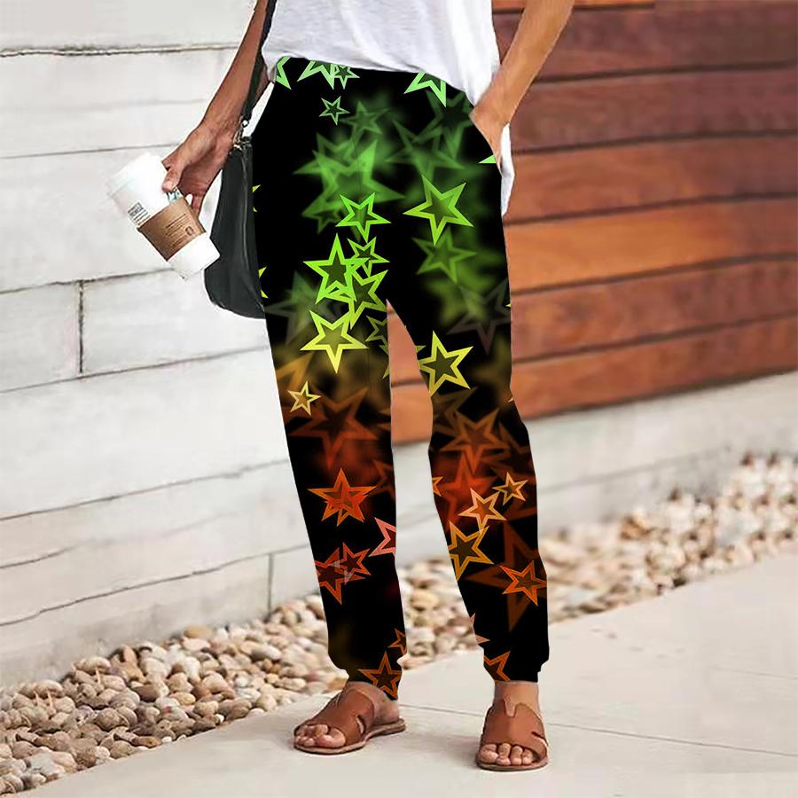 Women Pentagram Printing Pants Lace Up Elastic Waist Loose  Trousers Casual Long Pants Trousers with Pockets