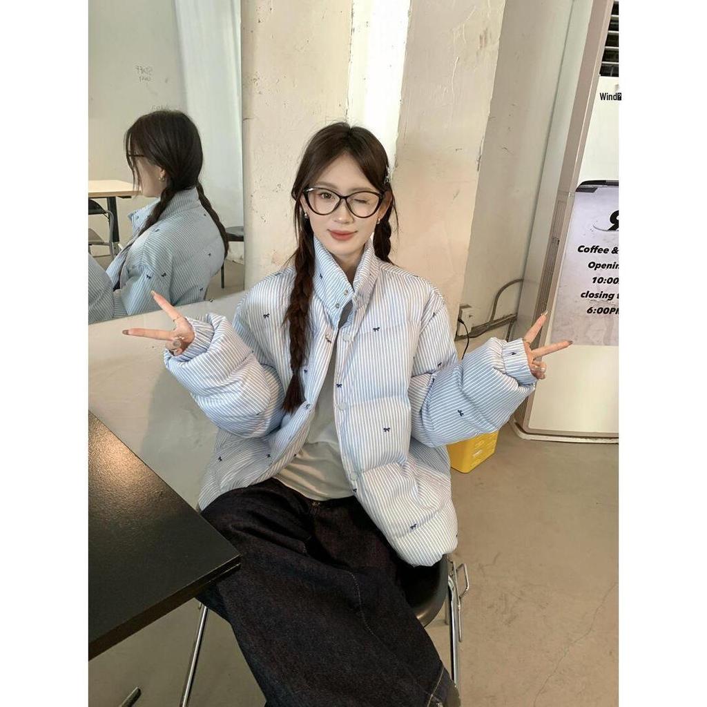 Women’s Winter Bow-Striped Jacket: Thick, Warm, Versatile Coat with Japanese & Korean Vibes.