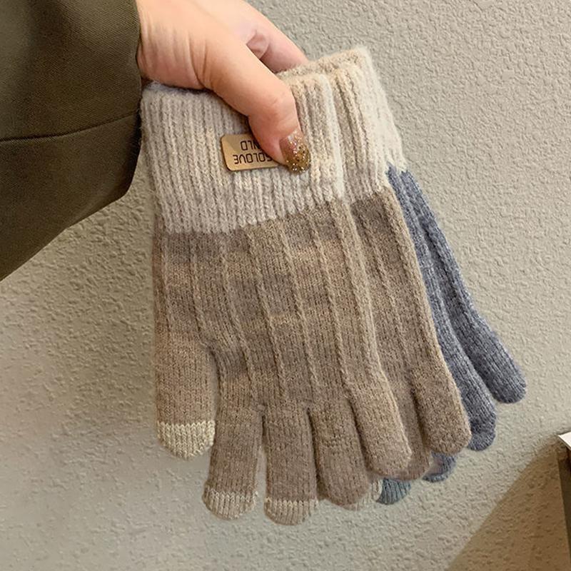 Вязаные байкерские перчатки с кожаной этикеткой, зимние уличные перчатки с полным пальцем для женщин