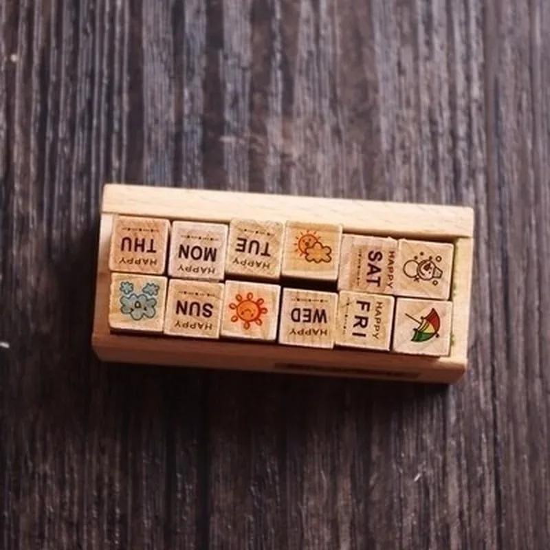 12 шт./Набор Винтажные штампы для дневника погоды Сделай сам Деревянные штампы в ассортименте для скрапбукинга Канцелярские товары Школьные принадлежности