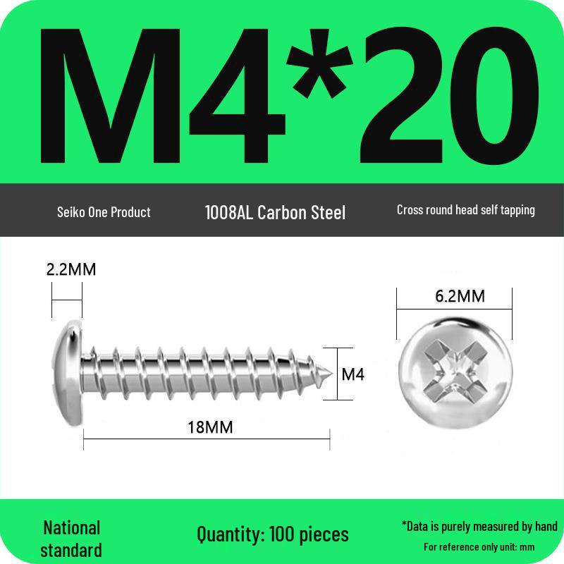Galvanized Self-Tapping Screws, Round Head, White Zinc, PA Cross Pan, Pointed Tail M1.2-M4