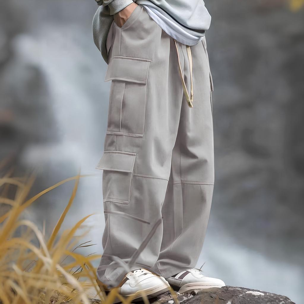Men's Loose Casual Multi-pocket Work Pants, Youth Stretch Waist Drawstring  Pants