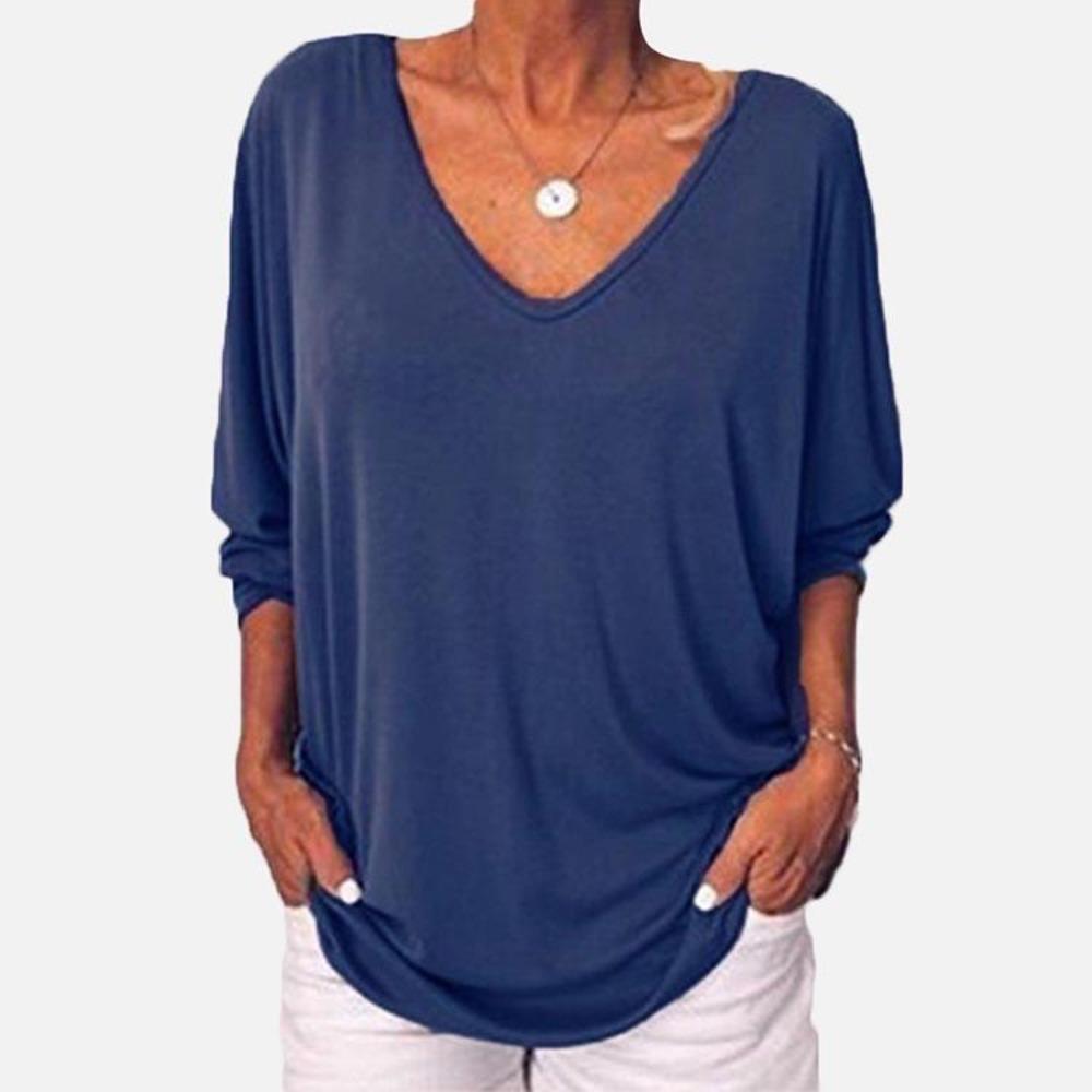 V-Neck Bat Seven-Point Sleeve Back Button T-Shirt Loose Top Women