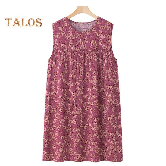 Женская свободная ночная рубашка без рукавов, повседневная сорочка, плиссированное платье для сна, летняя домашняя одежда с круглым вырезом и принтом