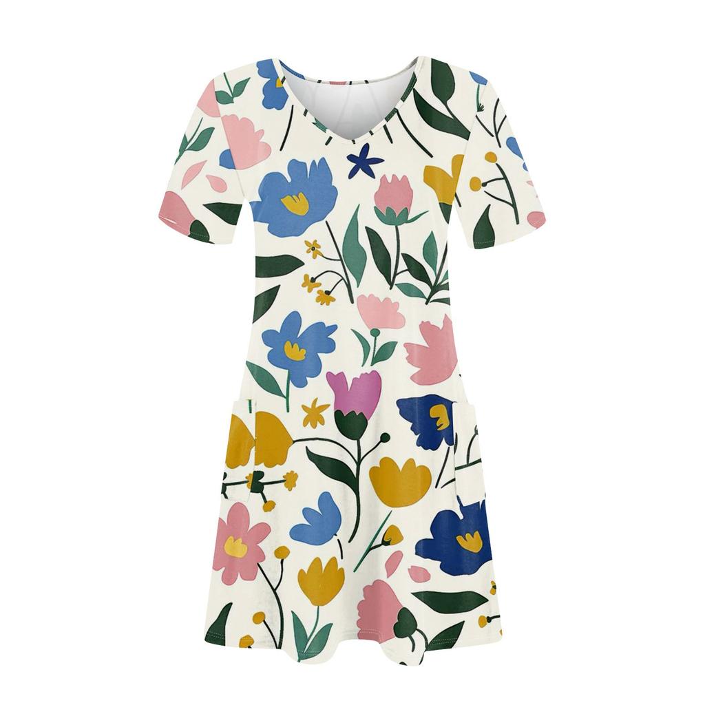 Women's Summer Fashion Casual V-Neck Floral Print Short Sleeve Pocket Dress