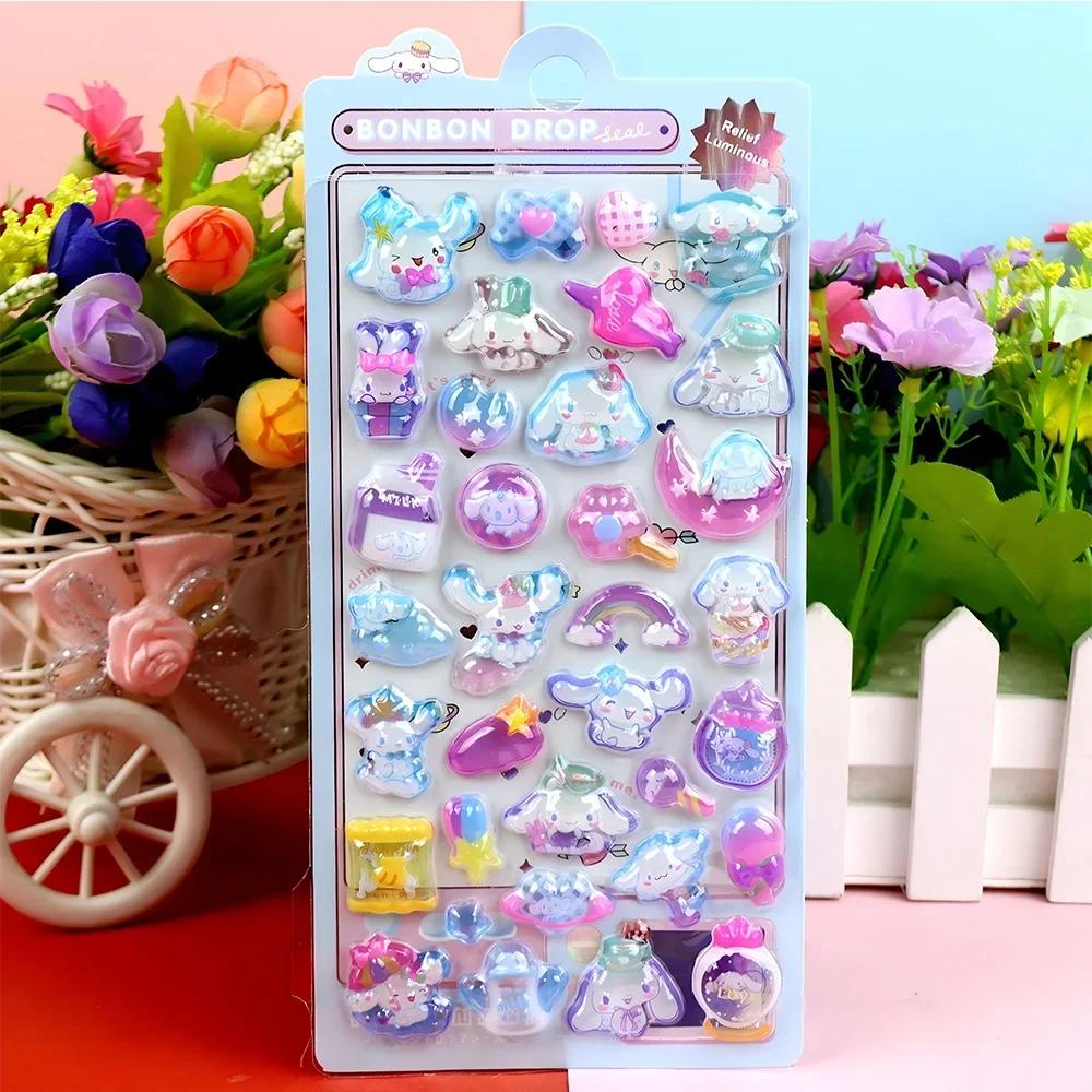 3D Наклейки Hello Kitty Объемные Melody Кристальные Kawaii Kuromi Светящиеся Cinnamoroll Наклейки Декали Наборы для Декора Детей подарок
