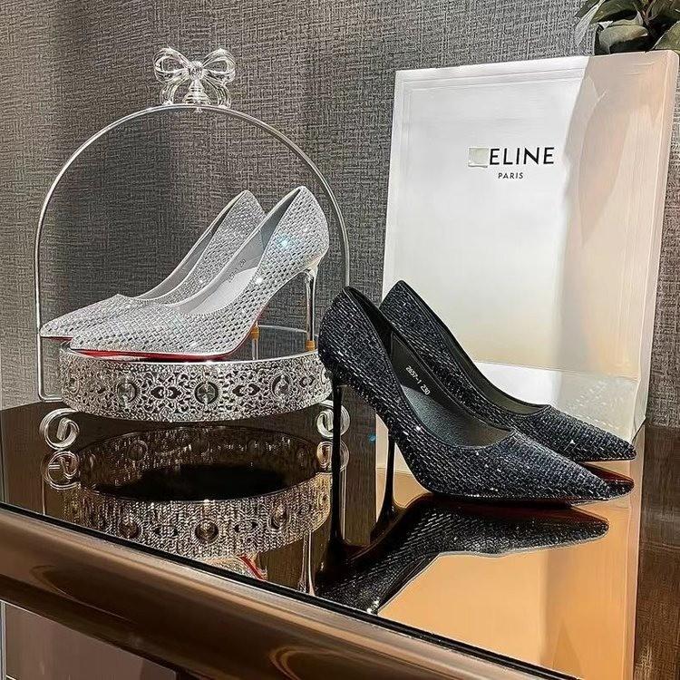 Модная банкетная женская обувь тонкий каблук мелкий вырез острый носок сексуальный тонкий страз цветной бриллиант высокий каблук обувь на четыре сезона